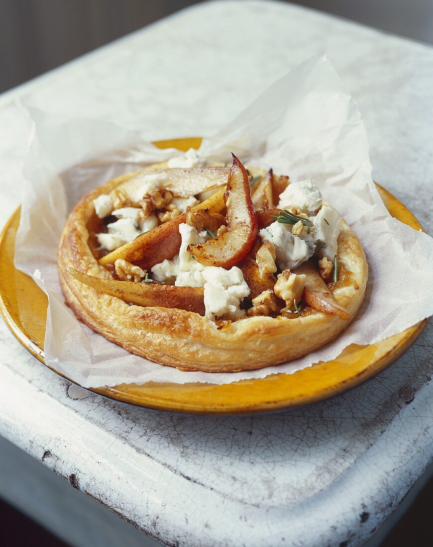 Pear tart with caramelised onion and blue cheese