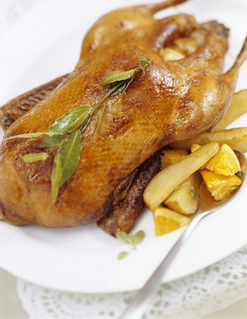 Roast duck with vanilla pears