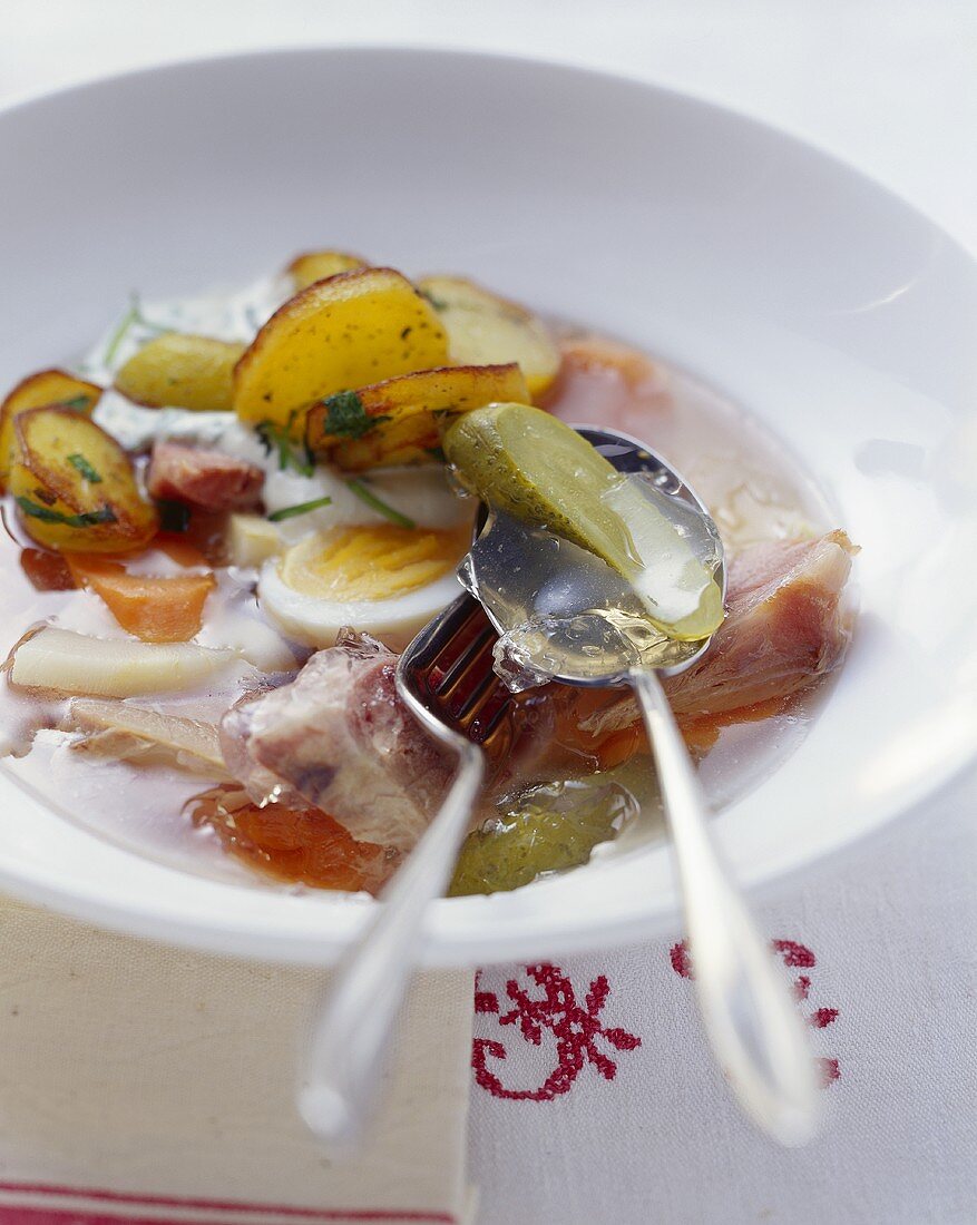Jellied meat with gherkin and egg, fried potatoes