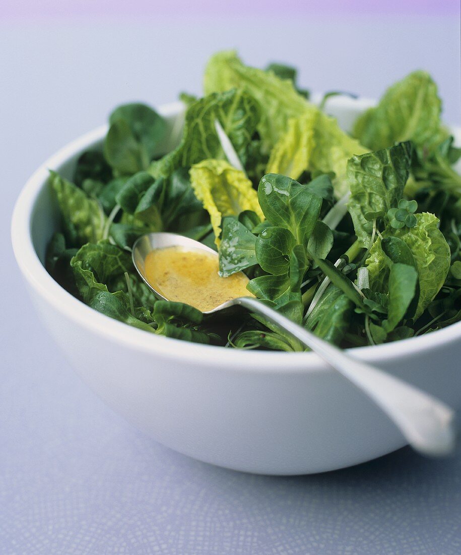 Gemischter Blattsalat mit Dressing auf Löffel