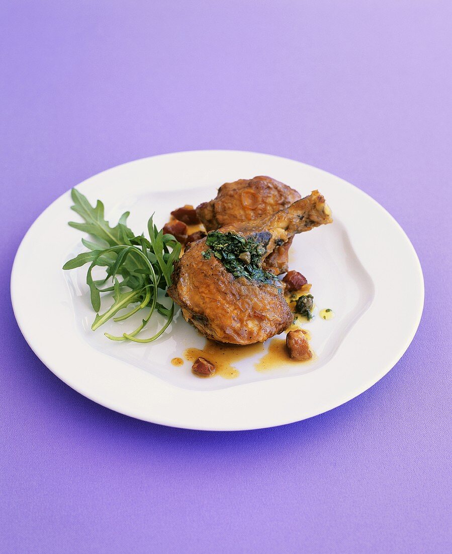 Guinea fowl ragout with pancetta, salsa verde and rocket