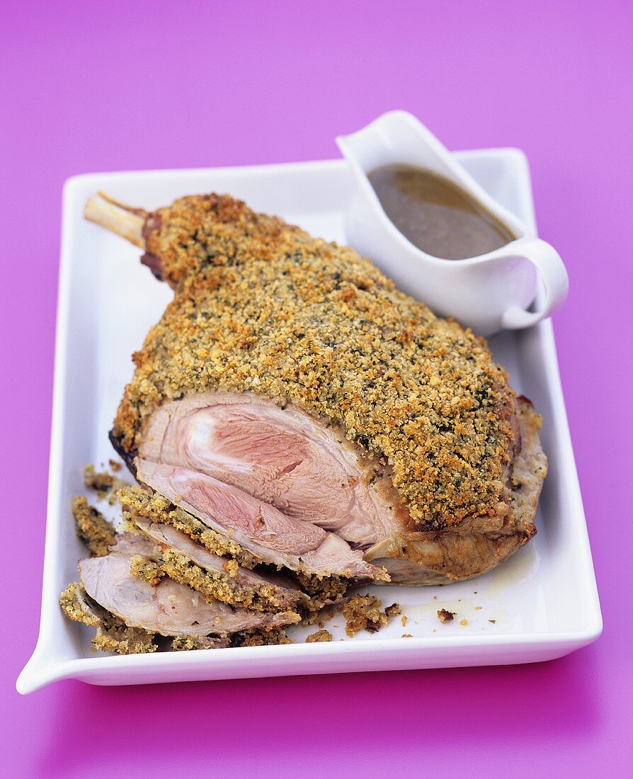 Shoulder of lamb with mint crust and gravy for Easter
