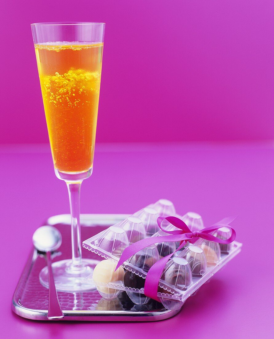 Prosecco and saffron jelly with chocolate truffles