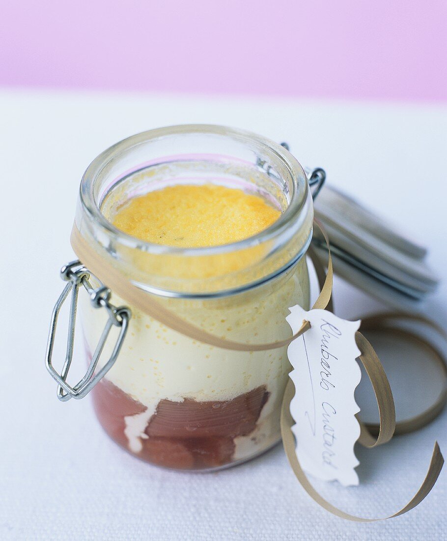 Rhubarb and custard cooked in a preserving jar