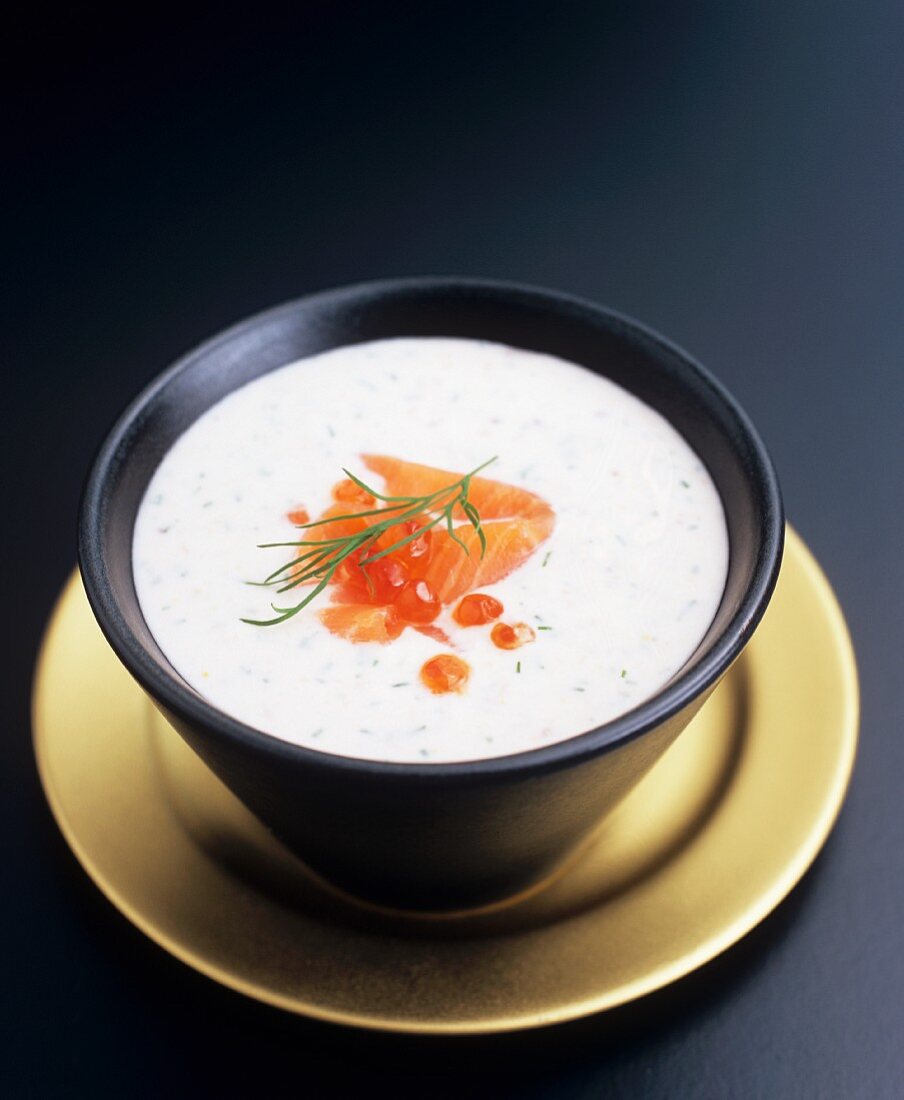 Cold cream of salmon soup with caviar and dill