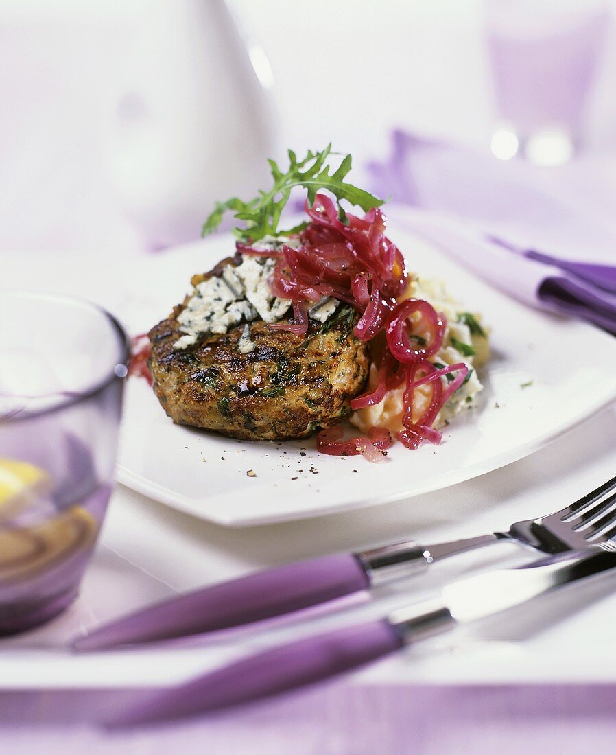 Burger with blue cheese and red onions