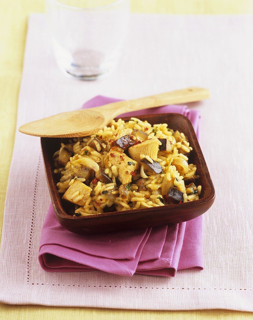 Risotto mit Putenfleisch, Aubergine, Chili und Portwein