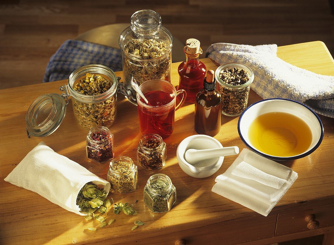 Dried medicinal plants in jars