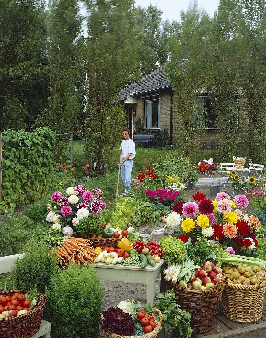 Large harvest of flowers and vegetables