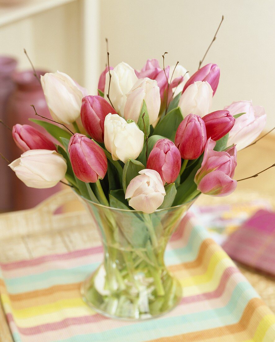 Vase of red and white tulips