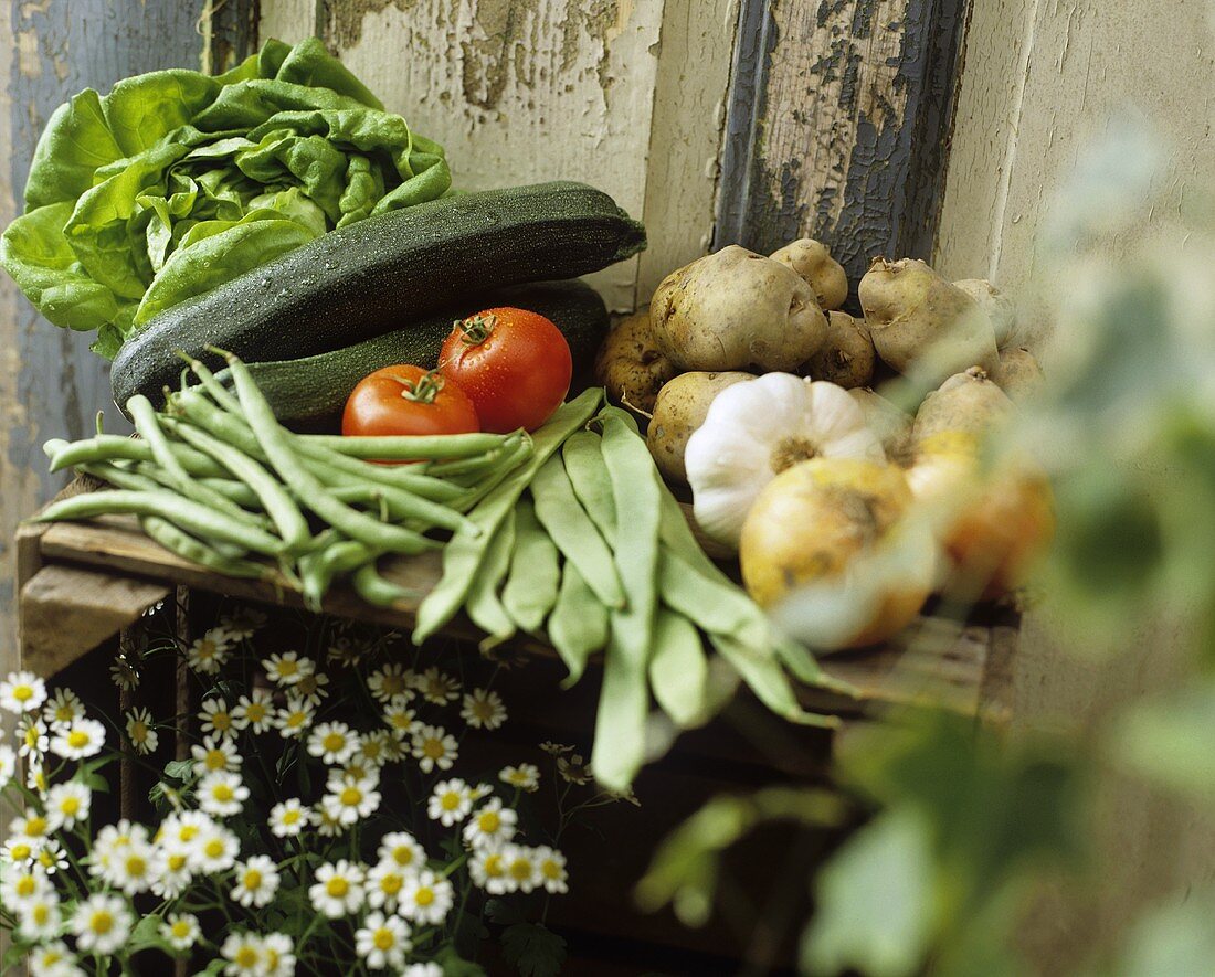 Fresh vegetables on a wooden crate