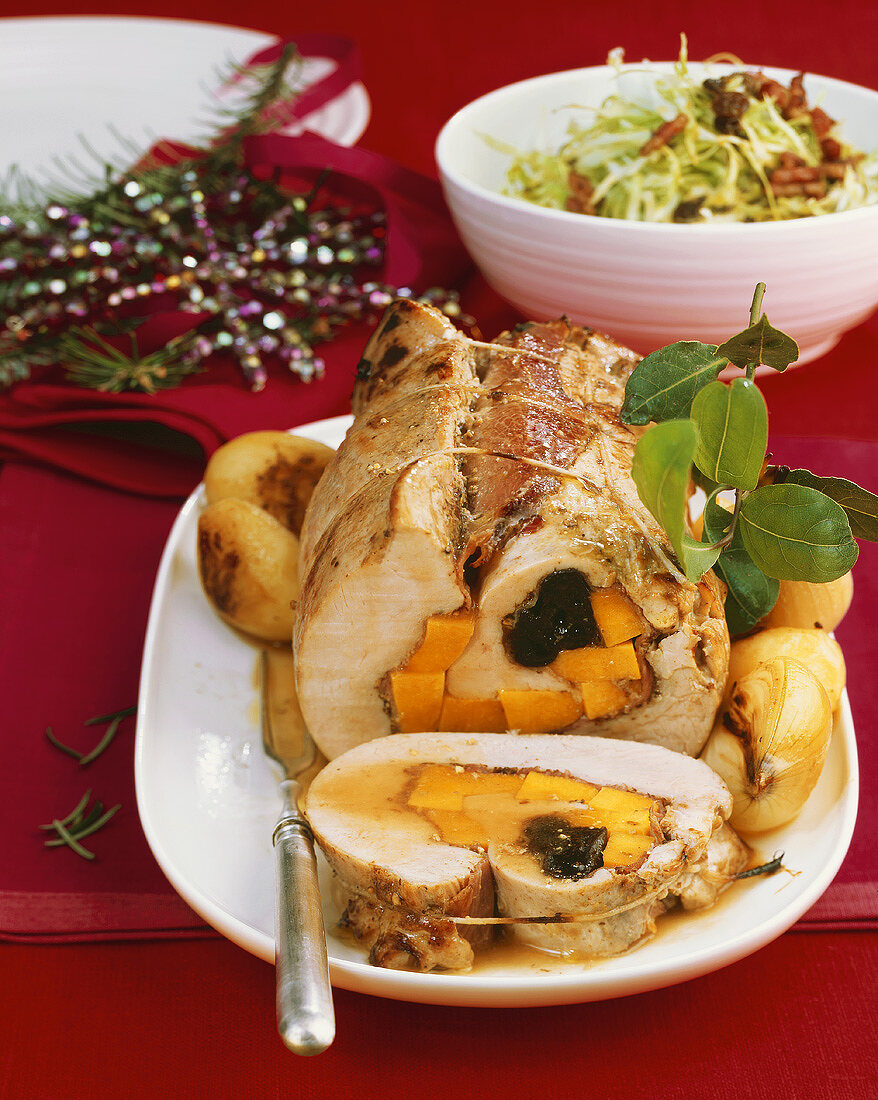 Roast turkey roll with pumpkin & plum stuffing, cabbage salad