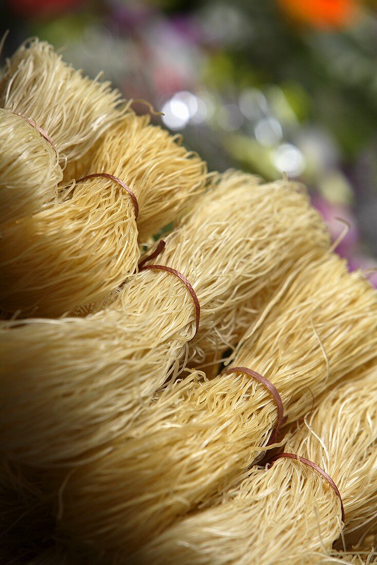 Vietnamese rice noodles on a market stall in Hanoi