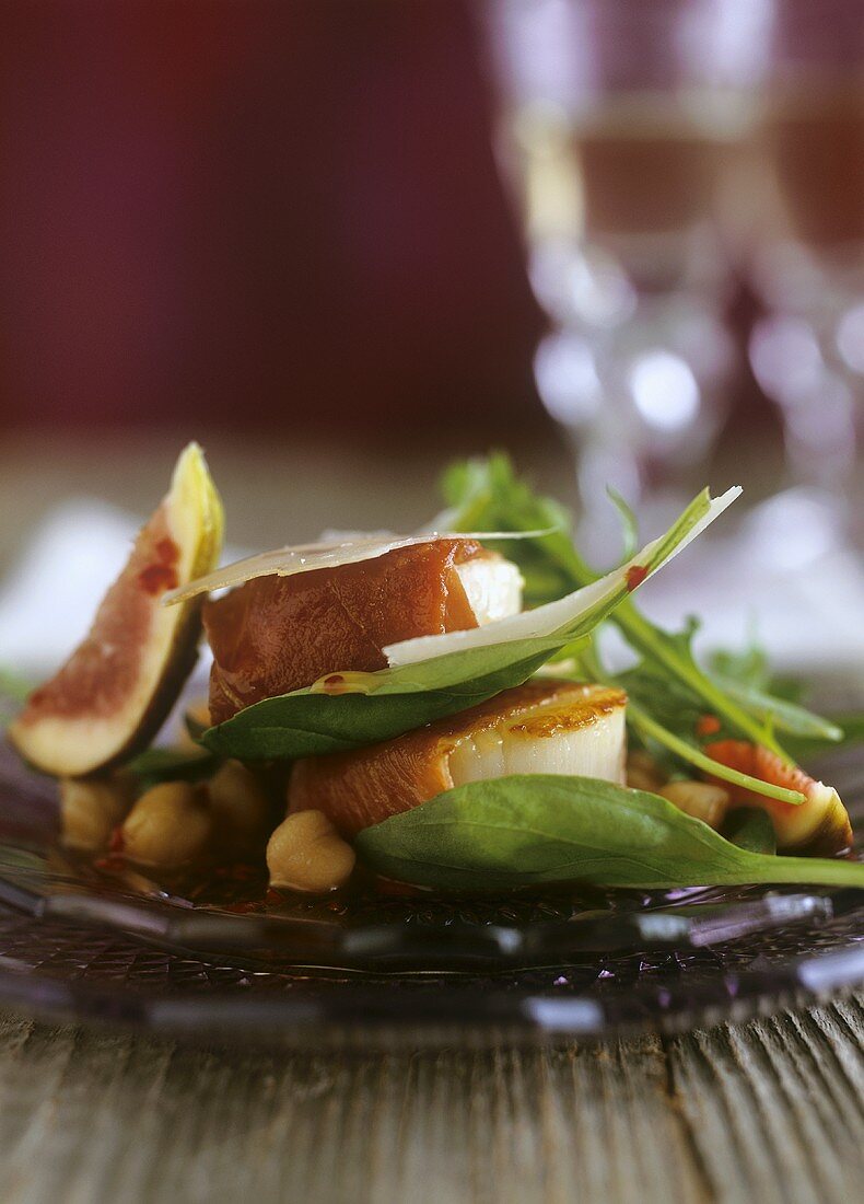 Ham-wrapped scallops with chick-pea salad