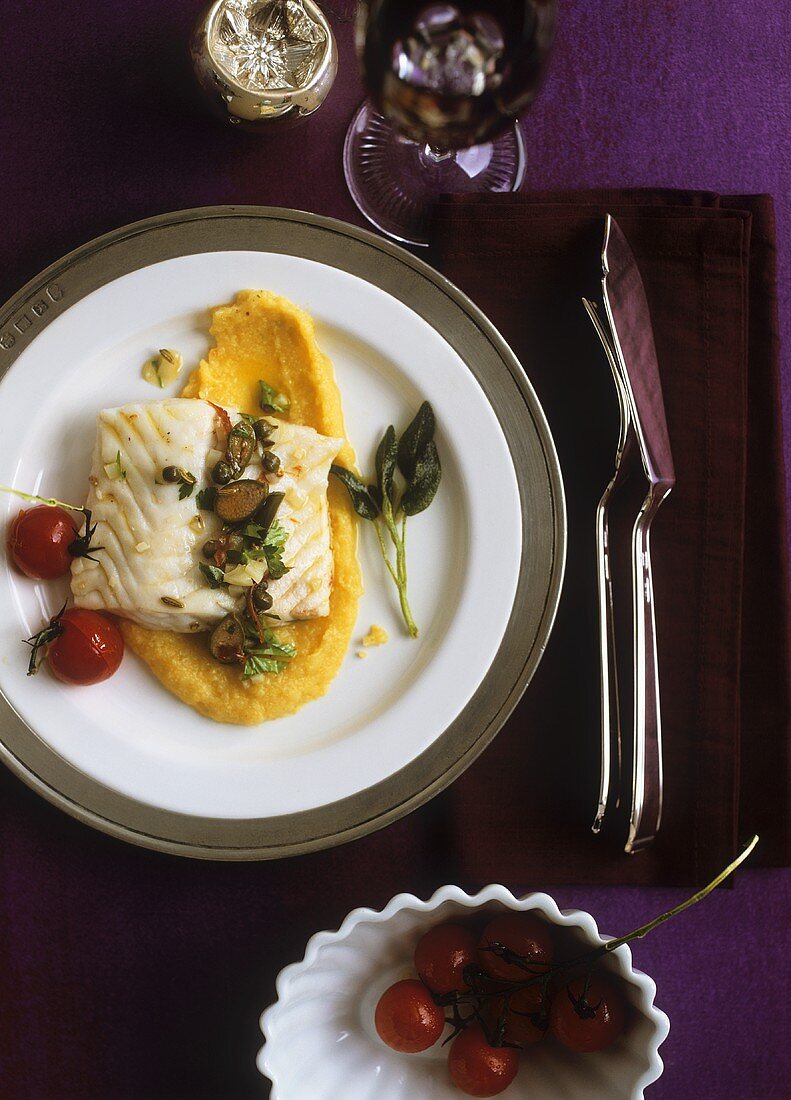 Turbot with caper oil on creamy polenta