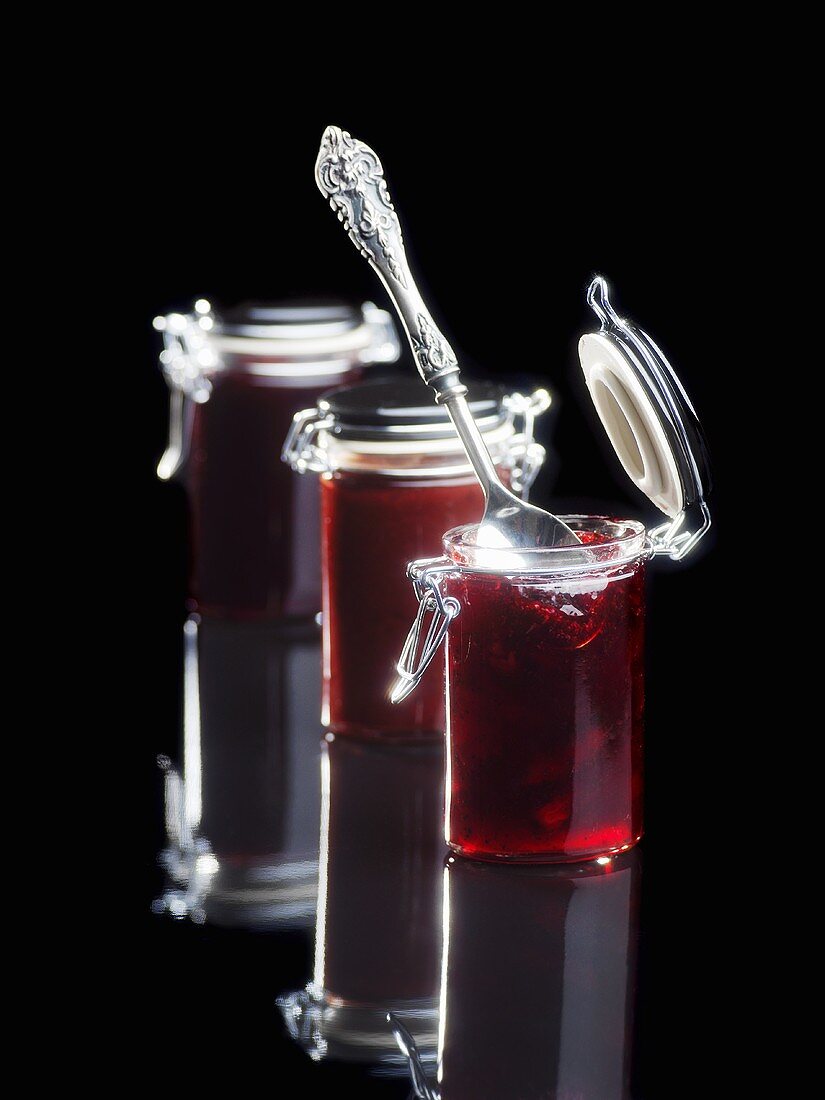 Raspberry and chocolate jam, cherry jam and blackberry jam