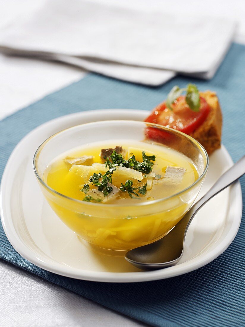 Yellow beetroot and potato soup with tofu