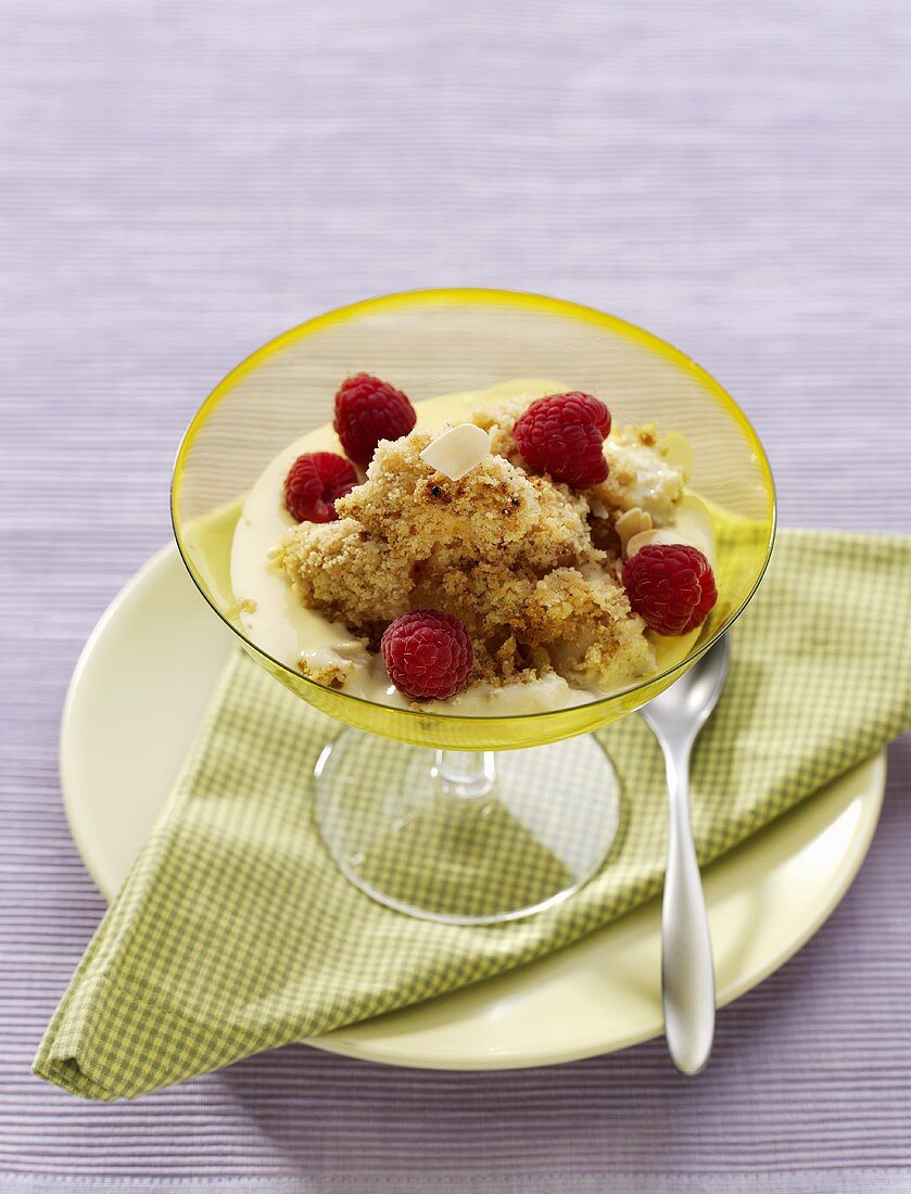 Fruit with spiced breadcrumbs and custard