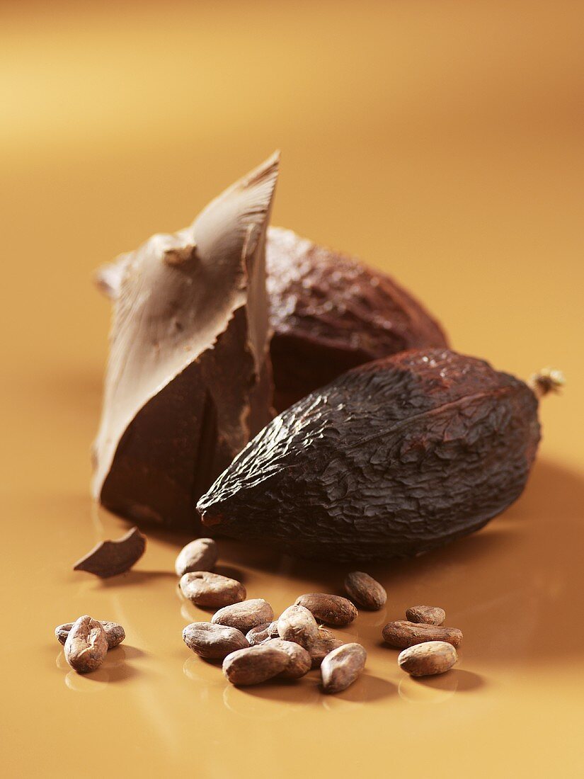 Schokolade, Kakaofrüchte und Kakaobohnen