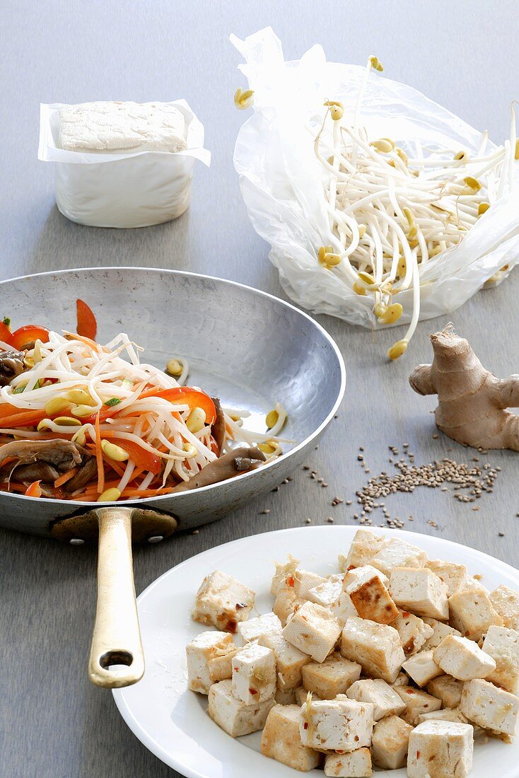 Asian vegetable stir-fry with sprouts and tofu