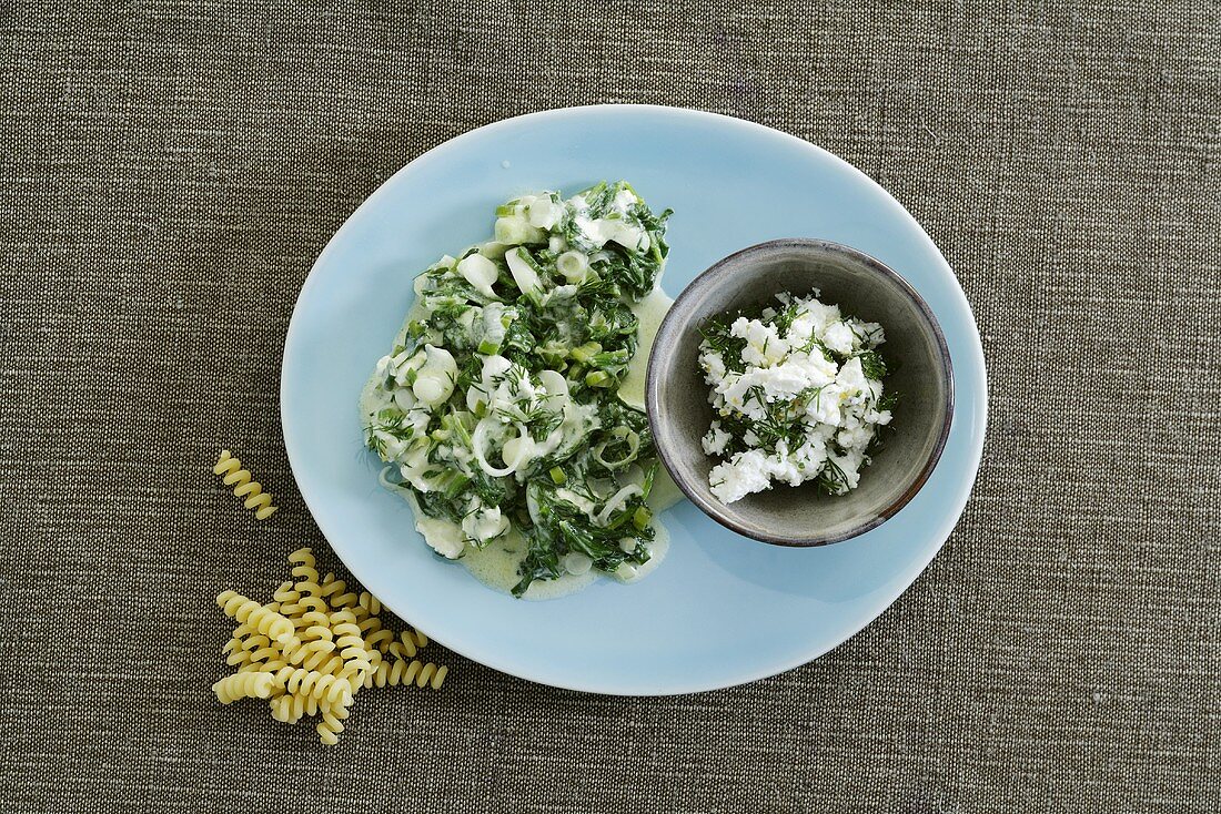 Spinach sauce with feta (goes well with pasta)