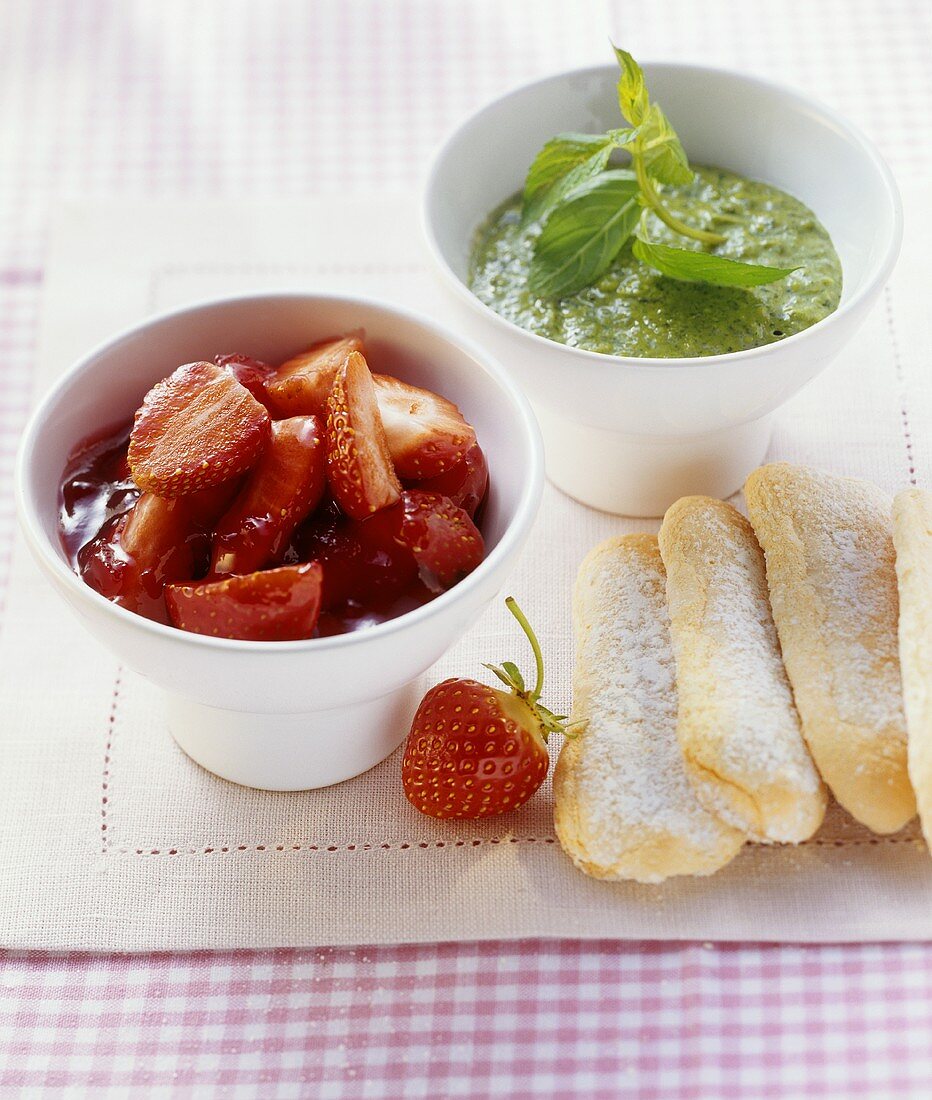 Strawberry compote with sweet pesto (basil and mint sauce)