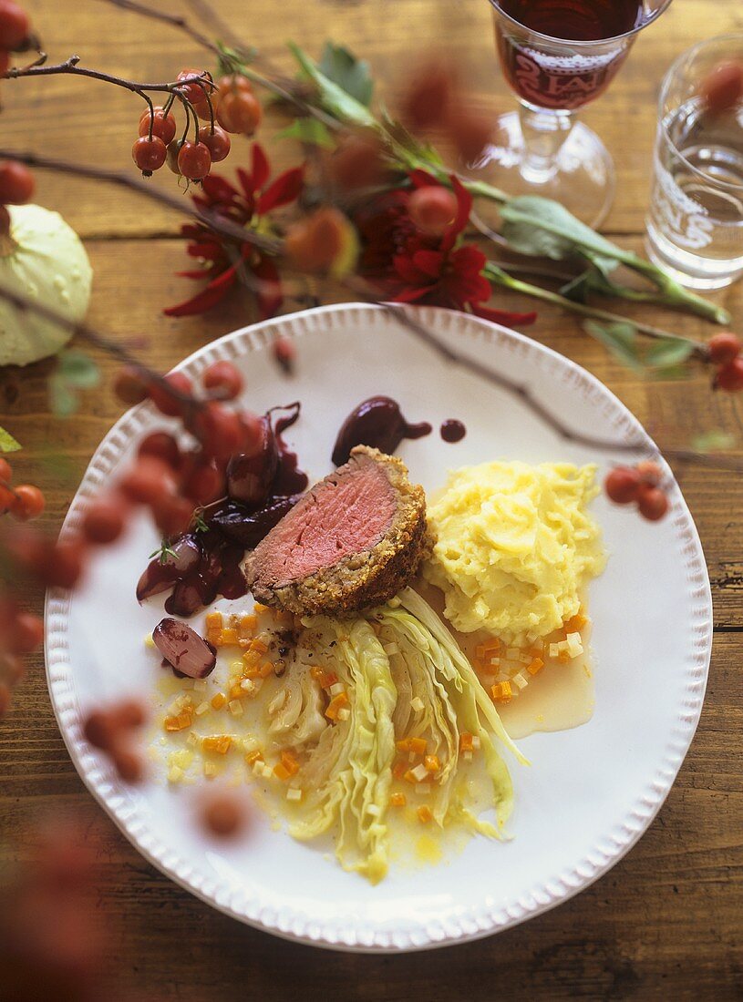 Beef fillet with port wine shallots, cabbage, mashed potato