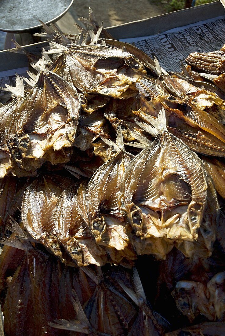 Dried, grilled fish on a Thai market stall