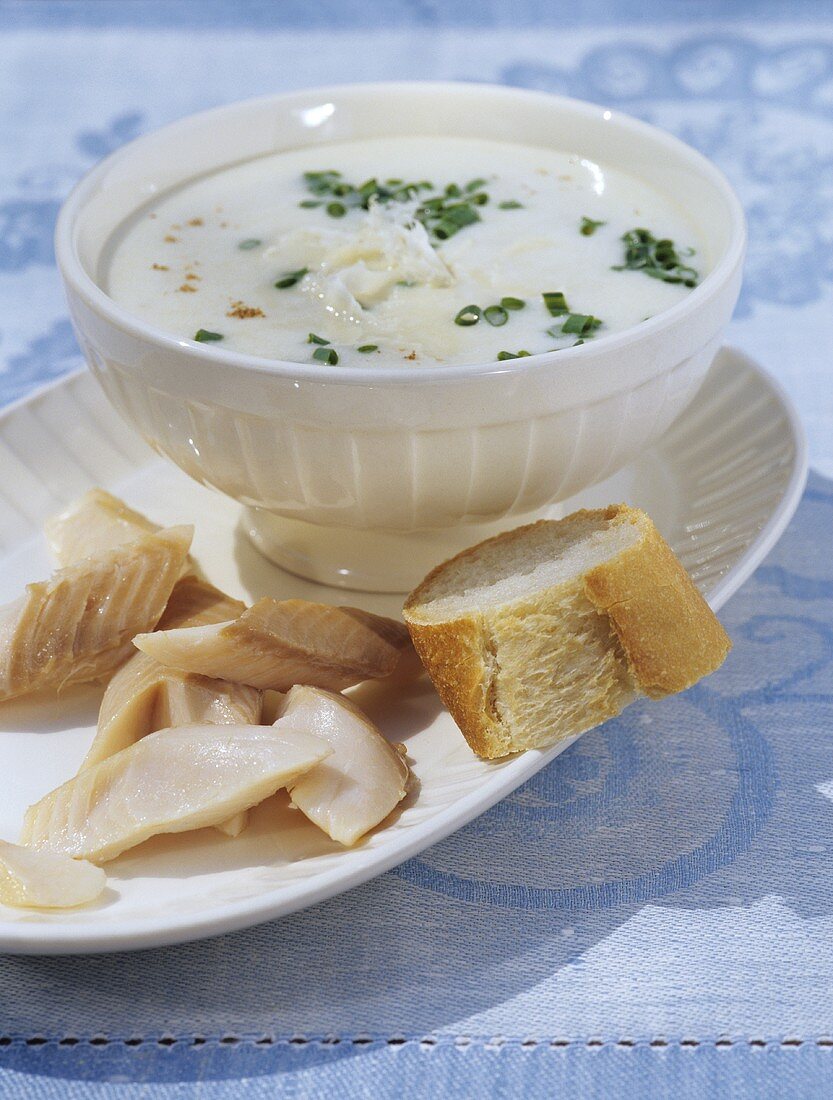 Potato and horseradish soup with smoked trout