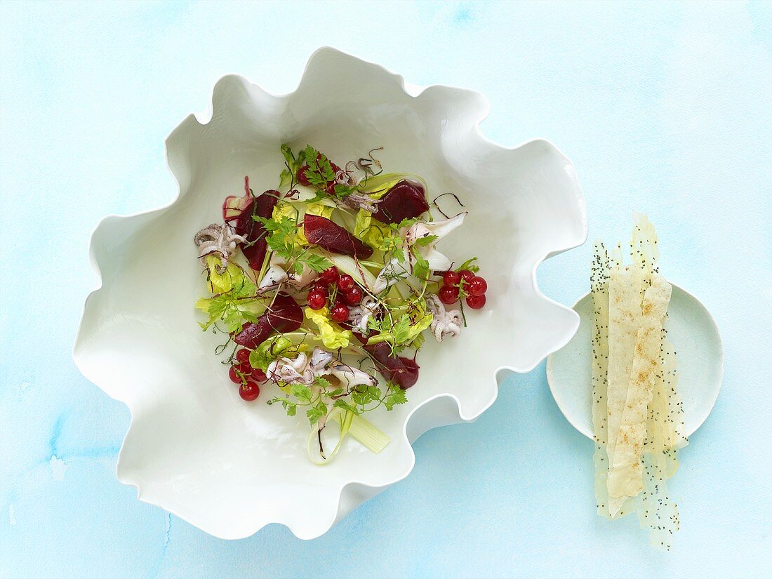Mixed salad with redcurrants and squid