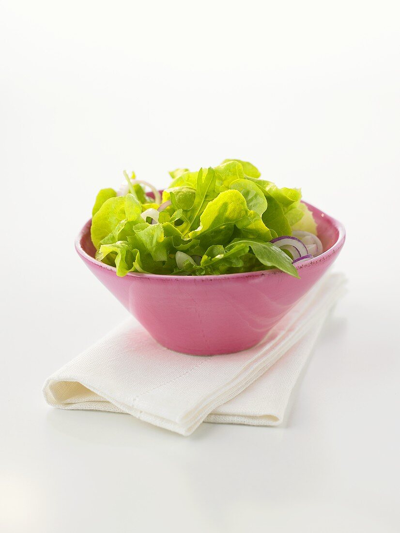 A small bowl of mixed green salad with onions