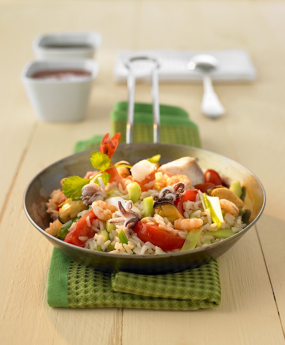 Asian rice, vegetable and seafood stir-fry