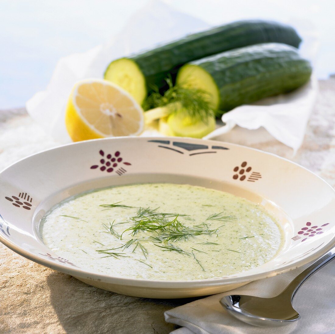 Ein Teller kalte Gurkencremesuppe mit Dill und Zitrone