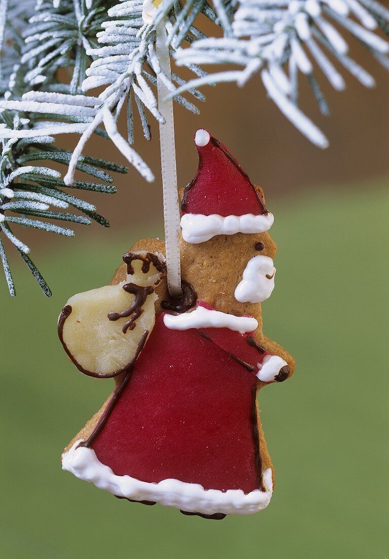 Honigkuchen-Weihnachtsmann am Tannenzweig hängend
