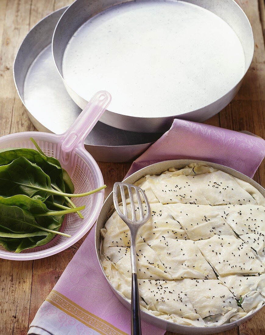 Spinach pie, Turkish ingredients and utensils