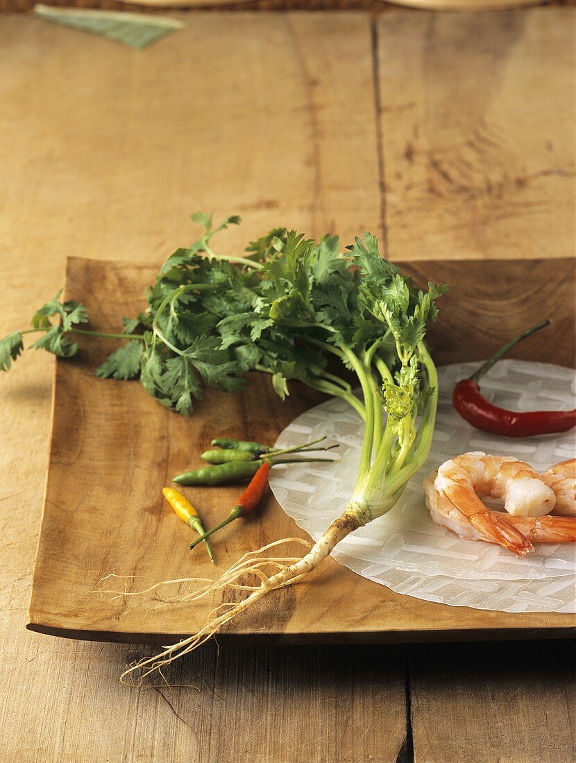 Ingredients: coriander, chillies, rice paper and prawns