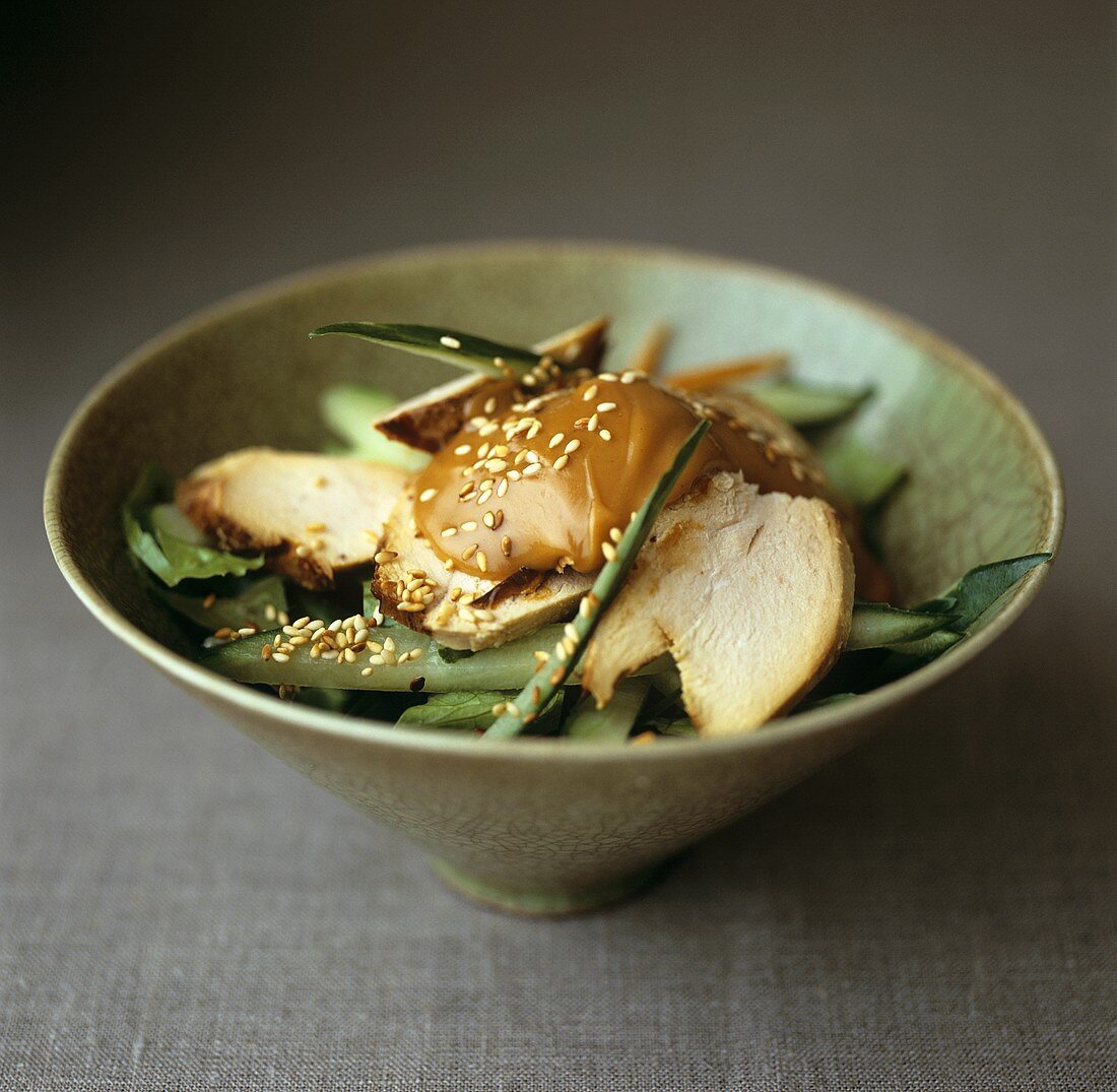 Asiatischer Hähnchen-Salat mit grünem Gemüse und Sataysauce