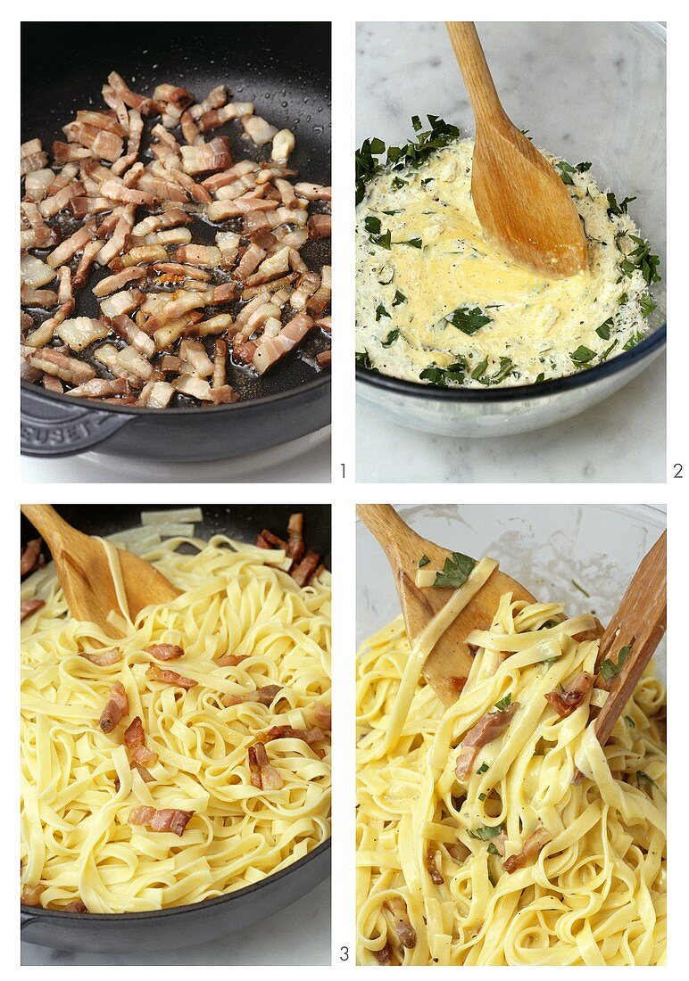 Preparing tagliatelle with bacon, parsley and cream sauce