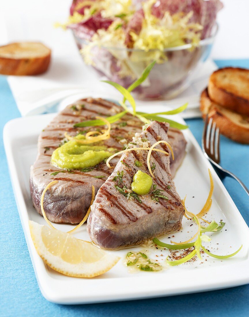 Grilled tuna steaks with lemon vinaigrette and wasabi