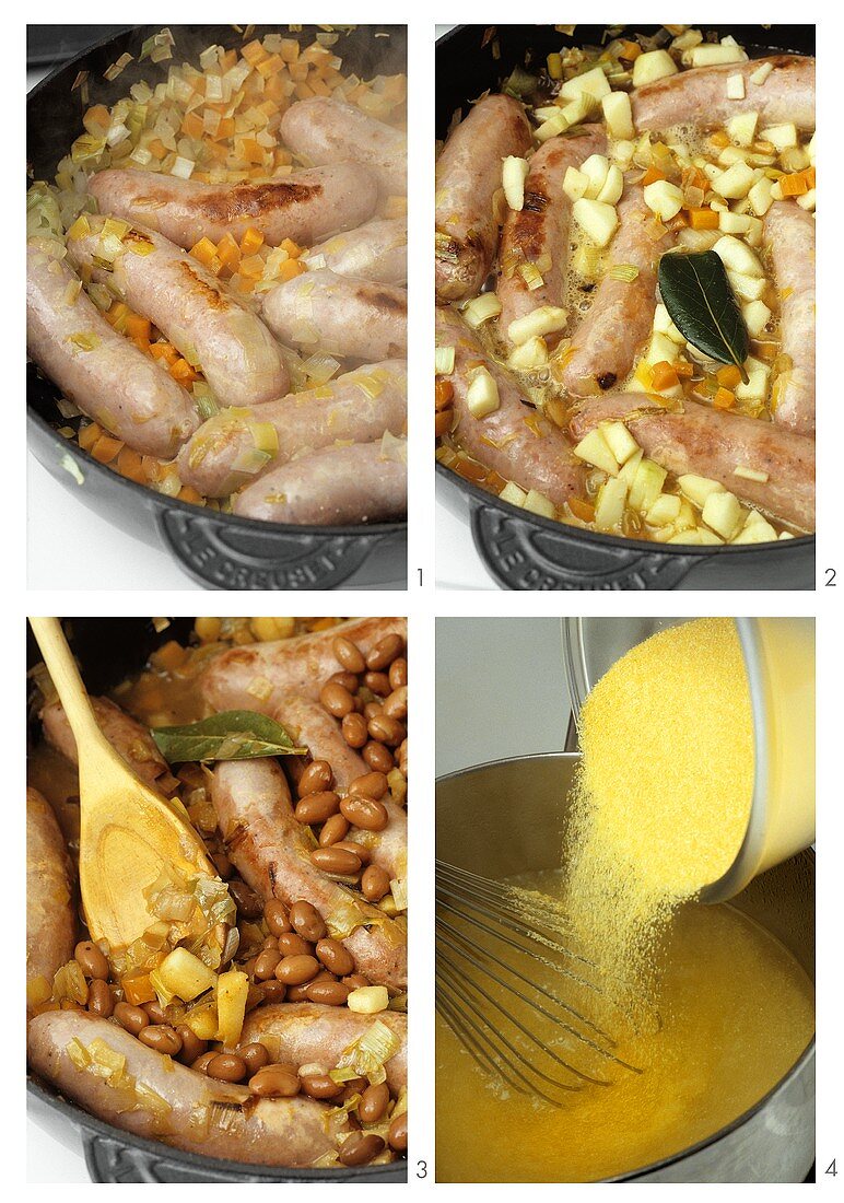 Borlottibohnen-Wursteintopf mit Polenta zubereiten