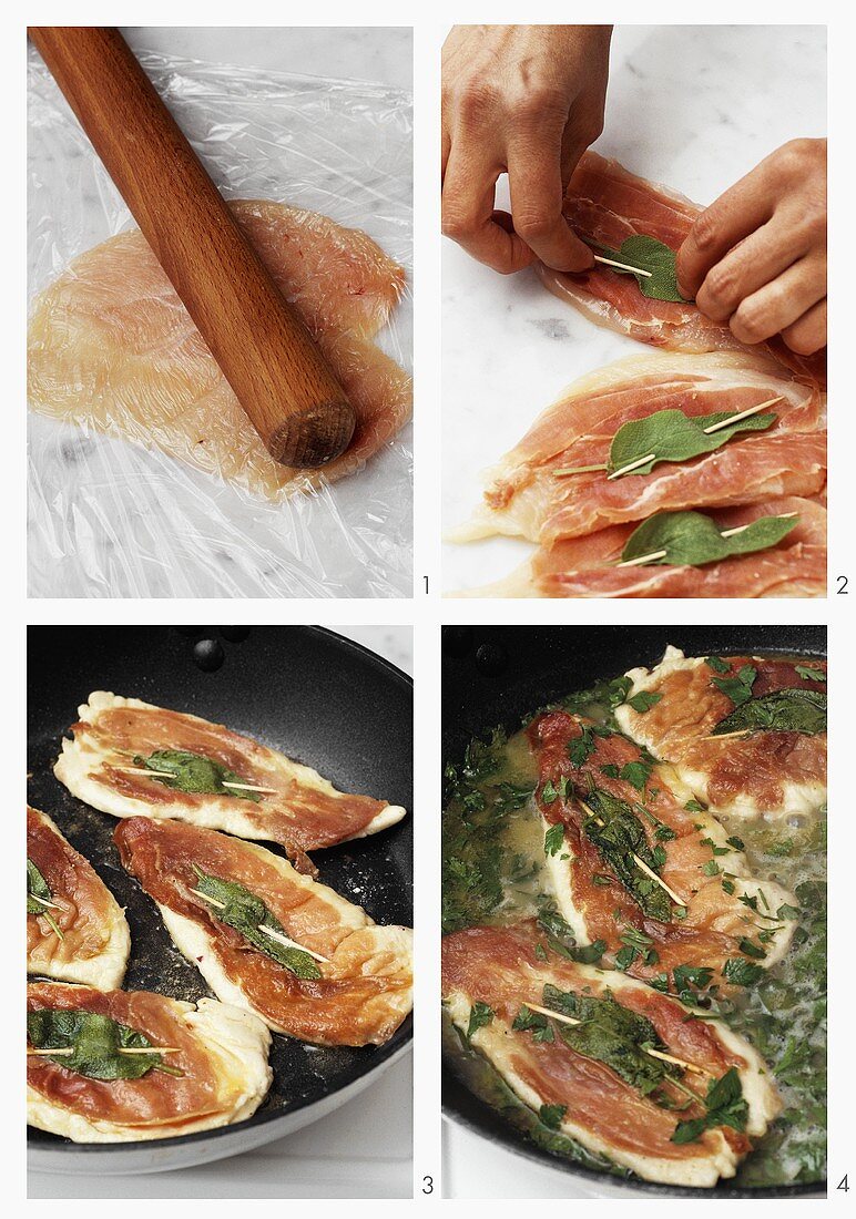 Making chicken saltimbocca on courgette slices