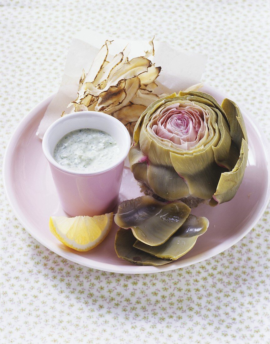 Artichoke with Jerusalem artichoke crisps and rocket quark