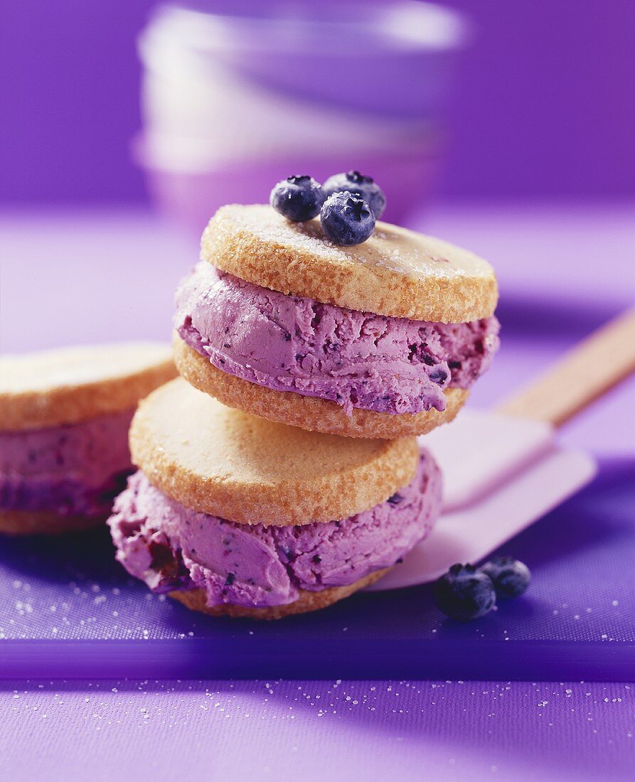 Blueberry quark ice cream sandwiches made with biscuits