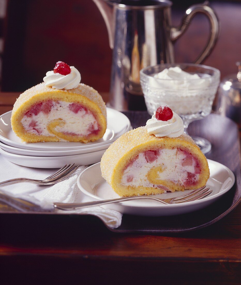 Sponge roll with cheese cream and rhubarb filling