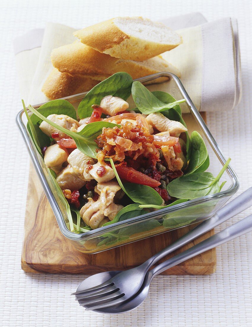 Chicken or turkey salad with spinach, capers, tomatoes & bacon