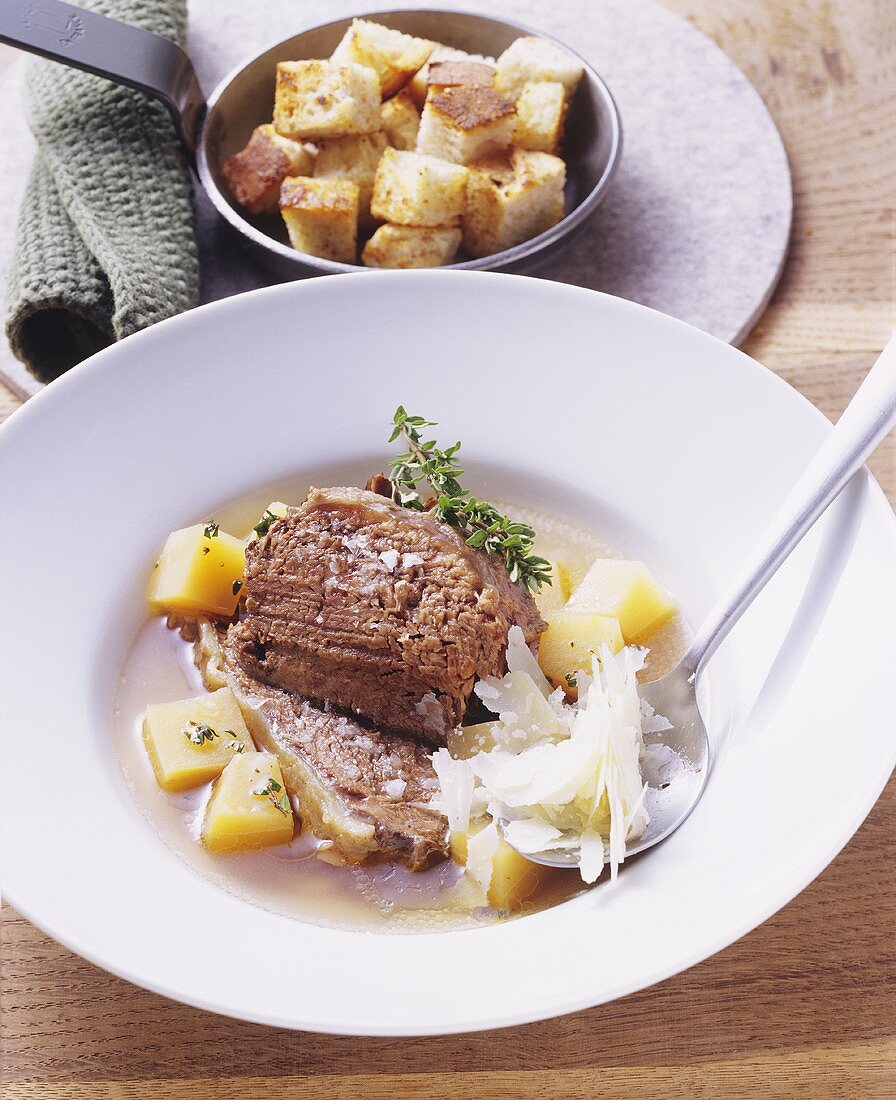 Cooked shoulder of beef with swedes and Parmesan