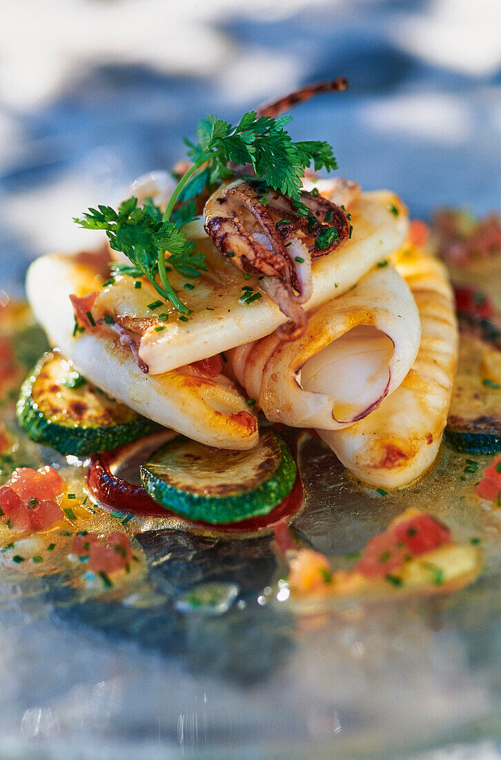 Fried squid on Mediterranean vegetables