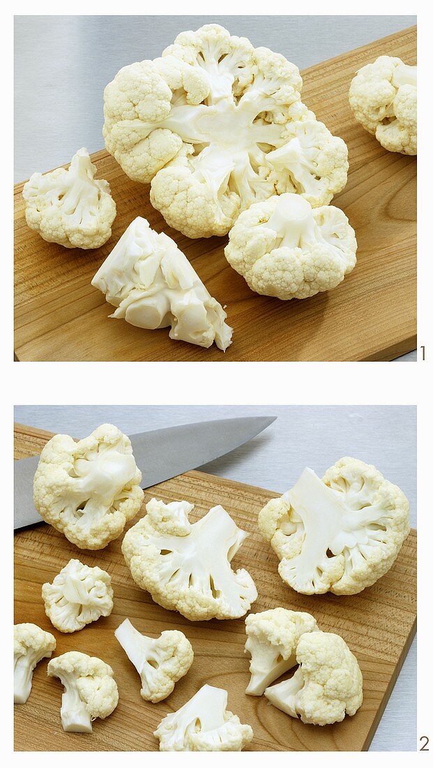Trimming cauliflower and dividing it into florets