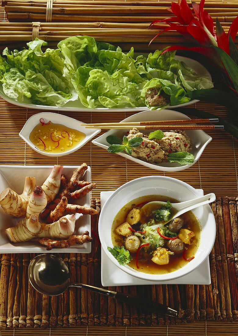 Aubergine puree & cabbage soup with chicken & straw mushrooms (Laos)