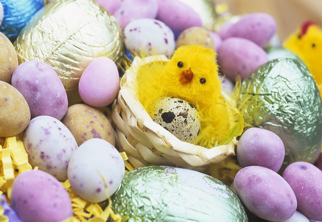 Chocolate eggs and a chick in Easter nest